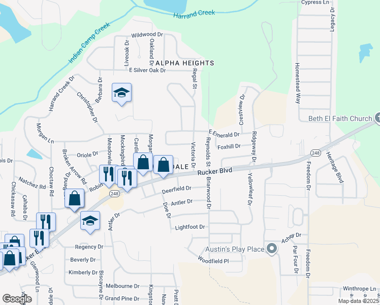 map of restaurants, bars, coffee shops, grocery stores, and more near 111 Victoria Drive in Enterprise