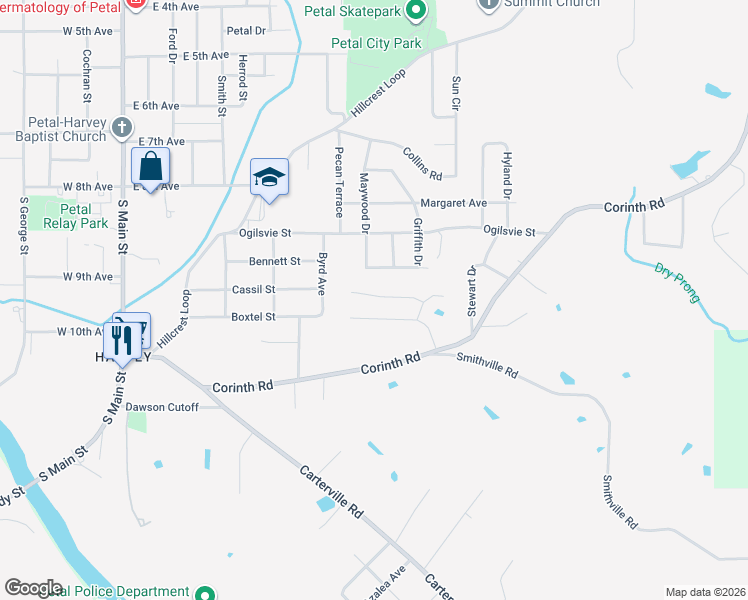 map of restaurants, bars, coffee shops, grocery stores, and more near Clinton Drive in Petal