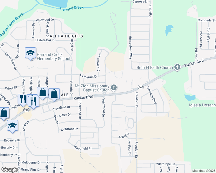 map of restaurants, bars, coffee shops, grocery stores, and more near 3 Ridgeway Drive in Enterprise