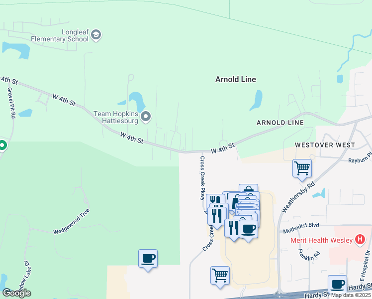 map of restaurants, bars, coffee shops, grocery stores, and more near 46 Ada Drive in Hattiesburg
