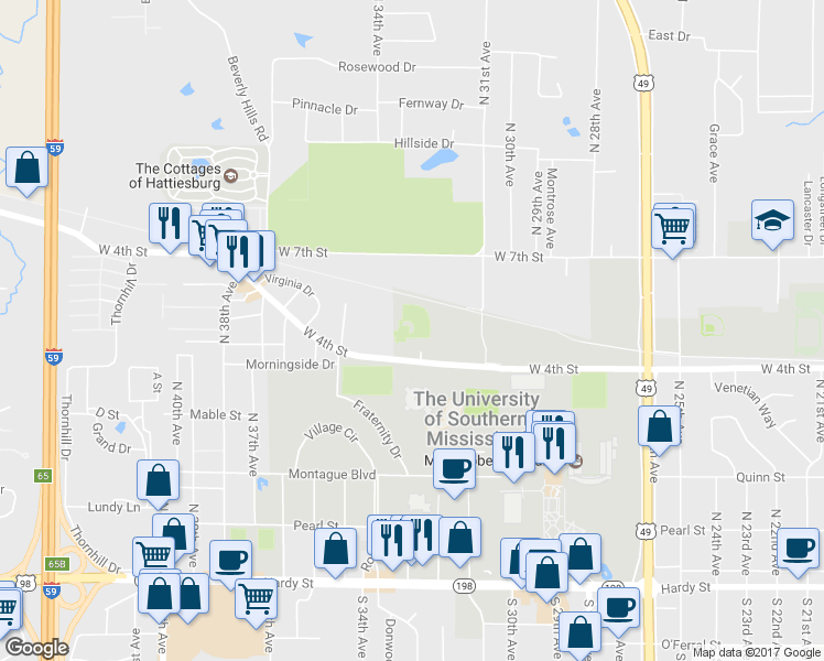 map of restaurants, bars, coffee shops, grocery stores, and more near 3211 West 4th Street in Hattiesburg