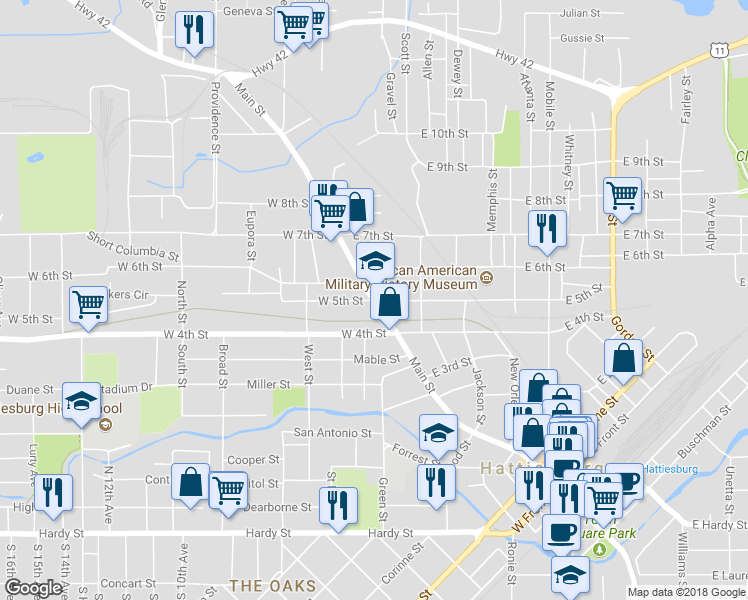 map of restaurants, bars, coffee shops, grocery stores, and more near 1099 Main Street in Hattiesburg
