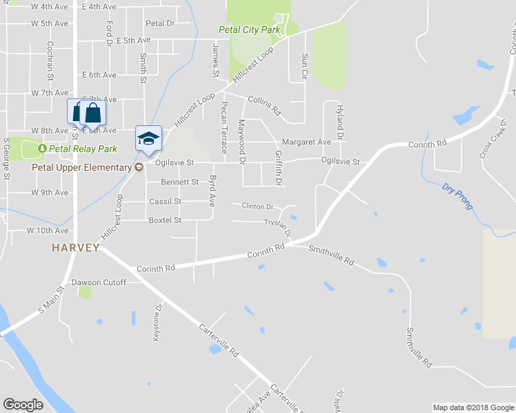 map of restaurants, bars, coffee shops, grocery stores, and more near Clinton Drive in Petal