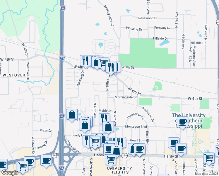 map of restaurants, bars, coffee shops, grocery stores, and more near 3701 Juniper Drive in Hattiesburg