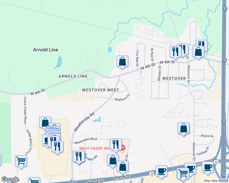 map of restaurants, bars, coffee shops, grocery stores, and more near 101 Marshall Place in Hattiesburg