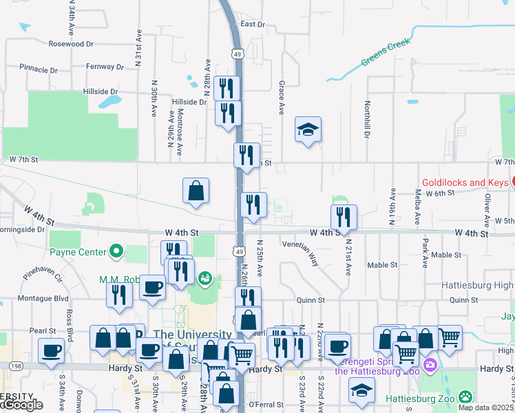 map of restaurants, bars, coffee shops, grocery stores, and more near 596 North 25th Avenue in Hattiesburg