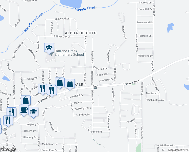 map of restaurants, bars, coffee shops, grocery stores, and more near 108 Foxhill Drive in Enterprise