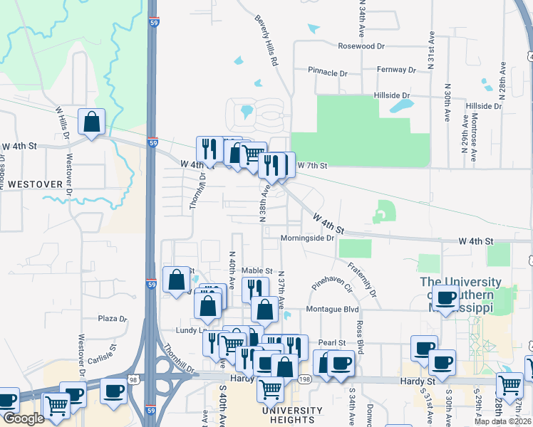 map of restaurants, bars, coffee shops, grocery stores, and more near 510 North 38th Avenue in Hattiesburg