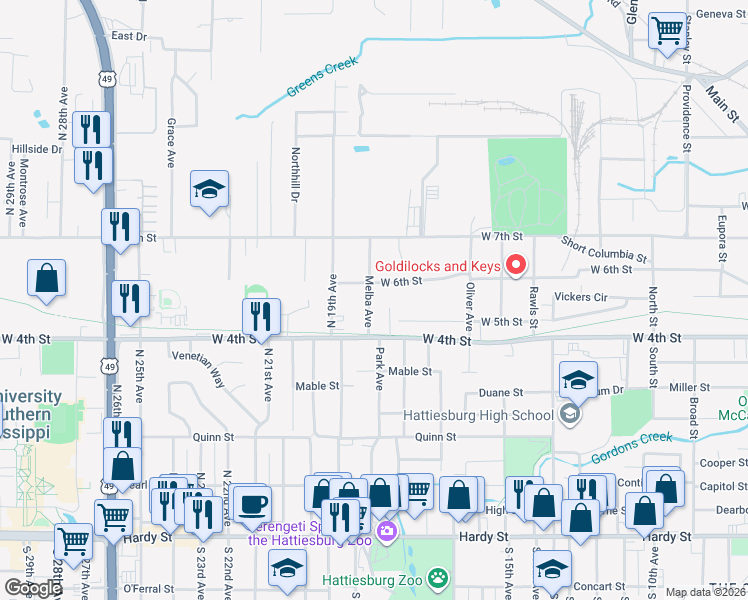 map of restaurants, bars, coffee shops, grocery stores, and more near 513 Melba Avenue in Hattiesburg