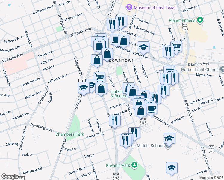 map of restaurants, bars, coffee shops, grocery stores, and more near 139 East Denman Avenue in Lufkin