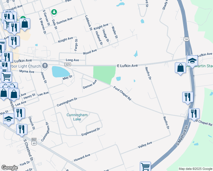 map of restaurants, bars, coffee shops, grocery stores, and more near 1016 Cunningham Drive in Lufkin