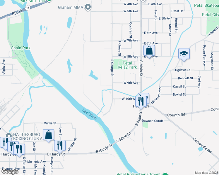 map of restaurants, bars, coffee shops, grocery stores, and more near 201 West 9th Avenue in Petal