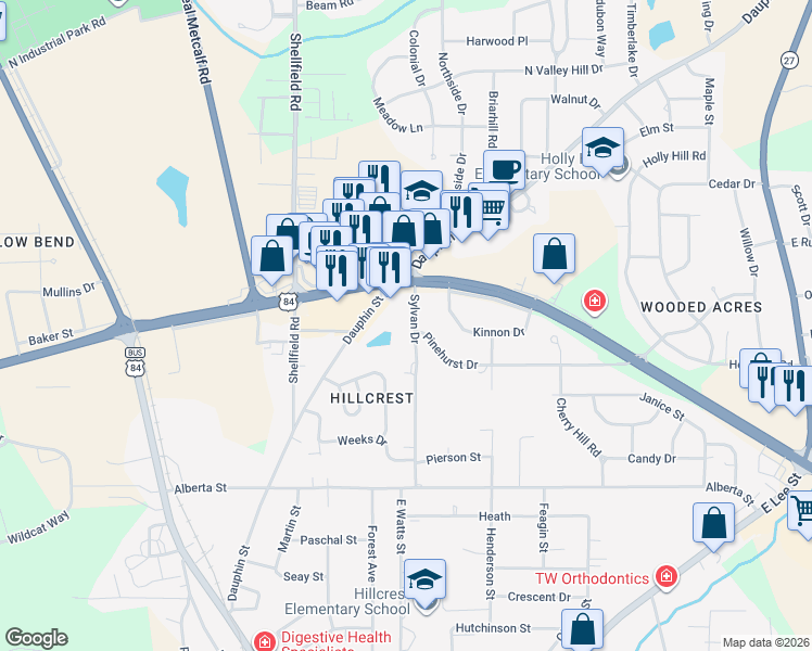 map of restaurants, bars, coffee shops, grocery stores, and more near 303 Sylvan Dr in Enterprise