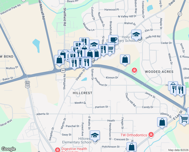 map of restaurants, bars, coffee shops, grocery stores, and more near 303 Sylvan Drive in Enterprise