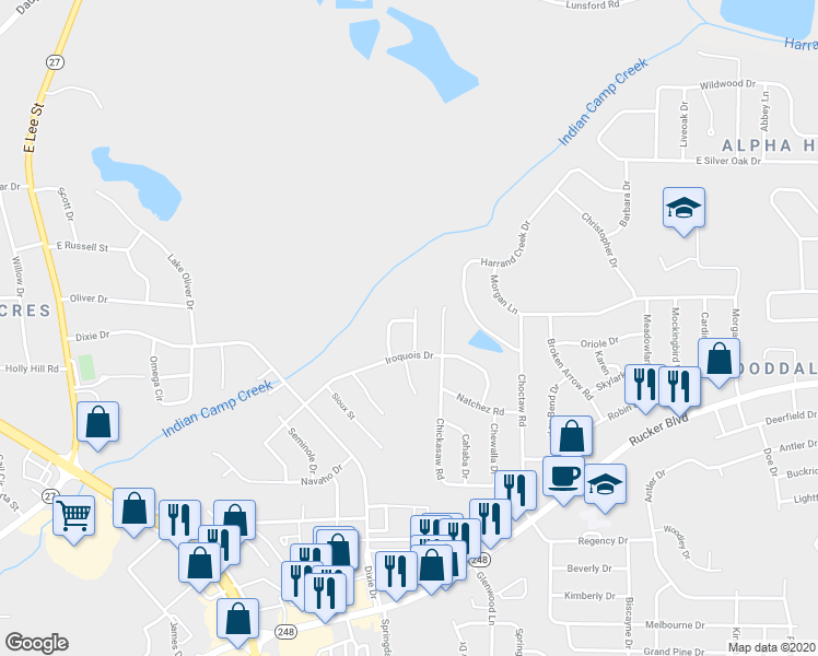 map of restaurants, bars, coffee shops, grocery stores, and more near 105 Arapaho Court in Enterprise