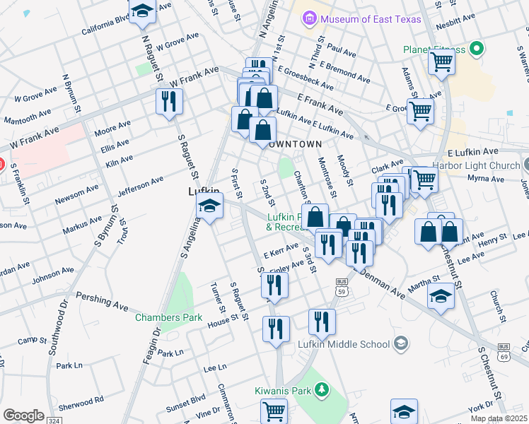 map of restaurants, bars, coffee shops, grocery stores, and more near 139 East Denman Avenue in Lufkin