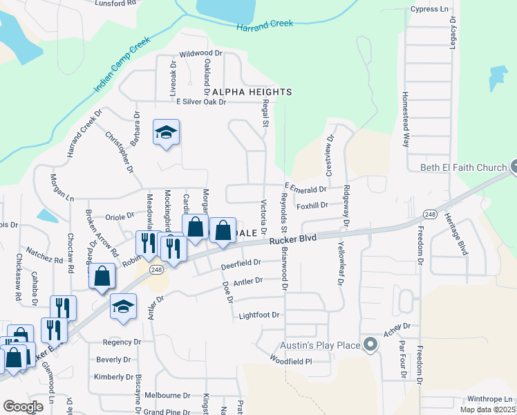 map of restaurants, bars, coffee shops, grocery stores, and more near 111 Victoria Drive in Enterprise