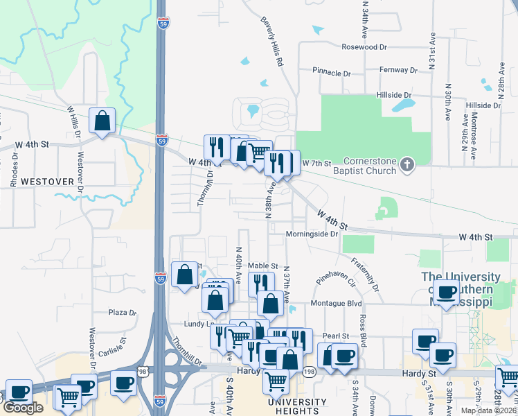 map of restaurants, bars, coffee shops, grocery stores, and more near 510 North 38th Avenue in Hattiesburg
