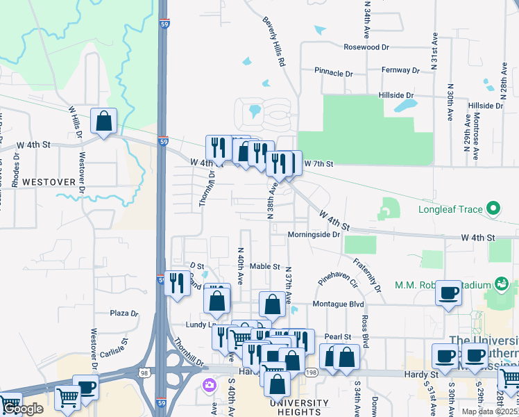 map of restaurants, bars, coffee shops, grocery stores, and more near 510 North 38th Avenue in Hattiesburg