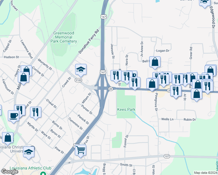 map of restaurants, bars, coffee shops, grocery stores, and more near 2201-2233 Highway 28 in Pineville