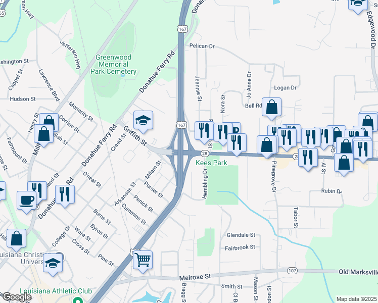 map of restaurants, bars, coffee shops, grocery stores, and more near 3655 Holloway Road in Pineville