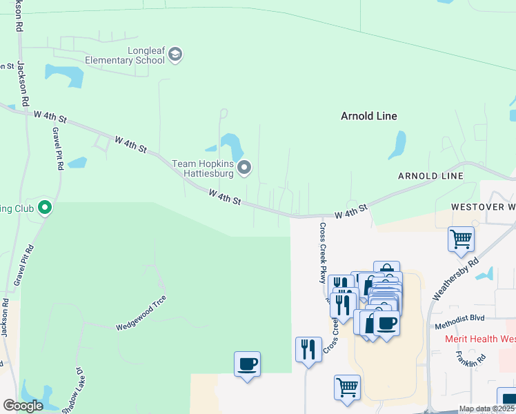 map of restaurants, bars, coffee shops, grocery stores, and more near 2 Danny Morgan Road in Hattiesburg