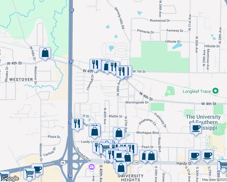 map of restaurants, bars, coffee shops, grocery stores, and more near 510 North 38th Avenue in Hattiesburg
