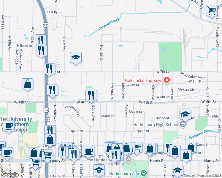 map of restaurants, bars, coffee shops, grocery stores, and more near 518 North 19th Avenue in Hattiesburg