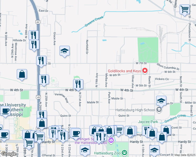 map of restaurants, bars, coffee shops, grocery stores, and more near 517 North 19th Avenue in Hattiesburg