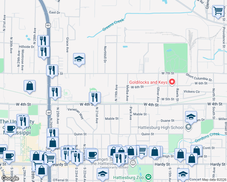 map of restaurants, bars, coffee shops, grocery stores, and more near 518 North 19th Avenue in Hattiesburg