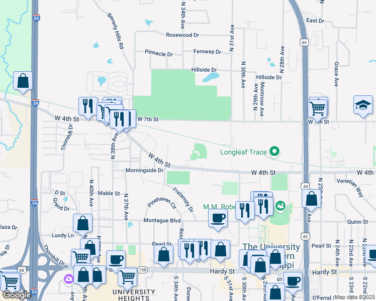 map of restaurants, bars, coffee shops, grocery stores, and more near 3211 W 4th St in Hattiesburg