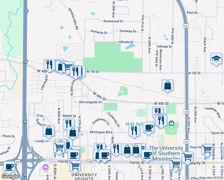 map of restaurants, bars, coffee shops, grocery stores, and more near 3317 West 4th Street in Hattiesburg
