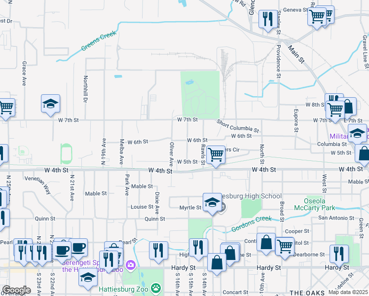 map of restaurants, bars, coffee shops, grocery stores, and more near 205 Gay Avenue in Hattiesburg