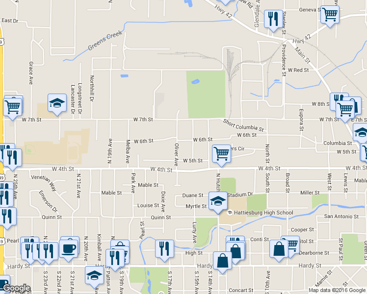 map of restaurants, bars, coffee shops, grocery stores, and more near 200 Oliver Avenue in Hattiesburg