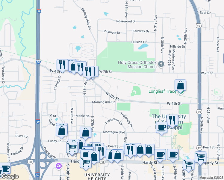 map of restaurants, bars, coffee shops, grocery stores, and more near 105 Virginia Drive in Hattiesburg
