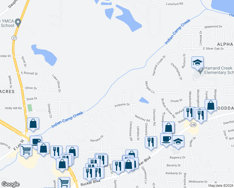 map of restaurants, bars, coffee shops, grocery stores, and more near 109 Mohawk Drive in Enterprise