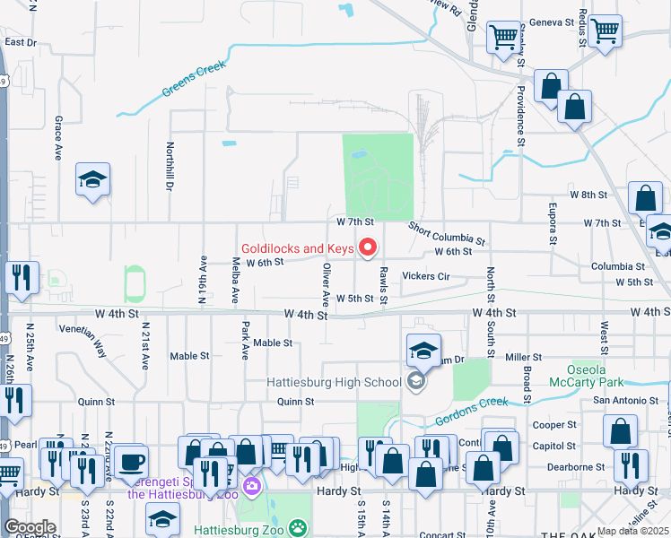 map of restaurants, bars, coffee shops, grocery stores, and more near 200 Oliver Avenue in Hattiesburg