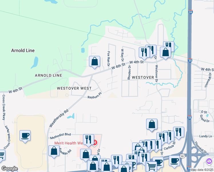 map of restaurants, bars, coffee shops, grocery stores, and more near 302 Whitehaven Street in Hattiesburg