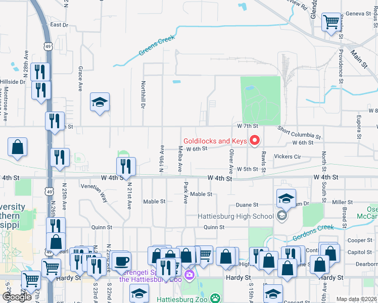 map of restaurants, bars, coffee shops, grocery stores, and more near 513 Melba Avenue in Hattiesburg