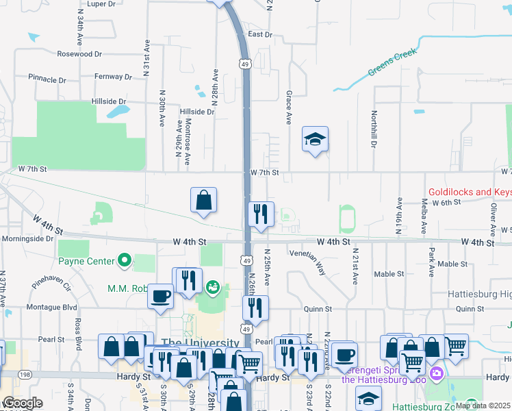 map of restaurants, bars, coffee shops, grocery stores, and more near 596 North 25th Avenue in Hattiesburg