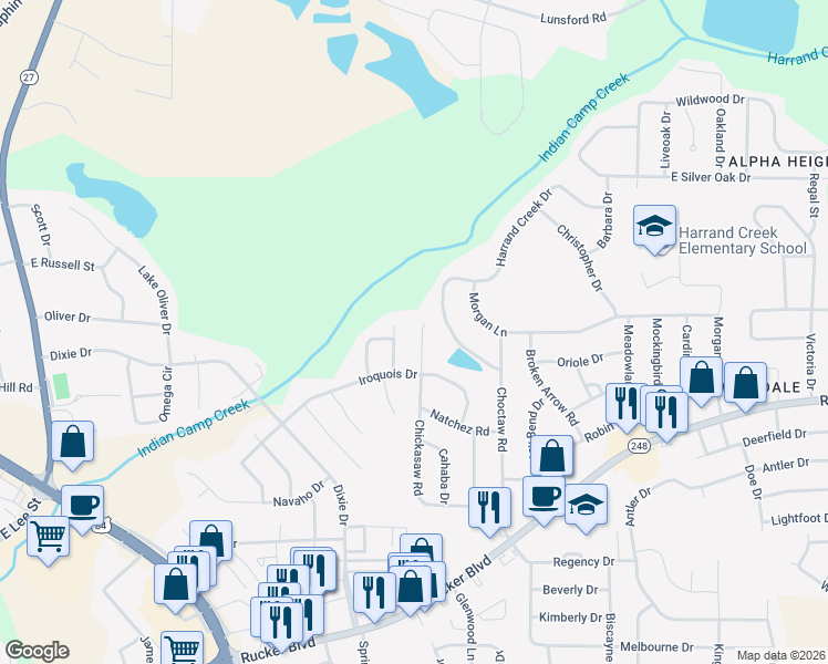 map of restaurants, bars, coffee shops, grocery stores, and more near 609 Chickasaw Road in Enterprise