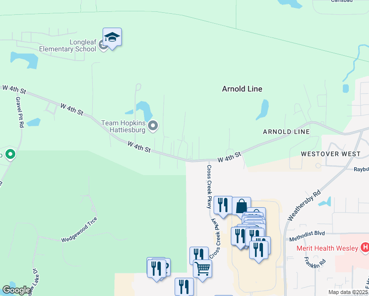 map of restaurants, bars, coffee shops, grocery stores, and more near 46 Ada Drive in Hattiesburg