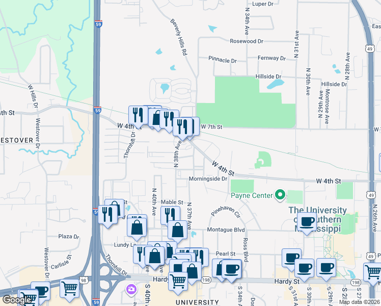 map of restaurants, bars, coffee shops, grocery stores, and more near 3701 Juniper Drive in Hattiesburg