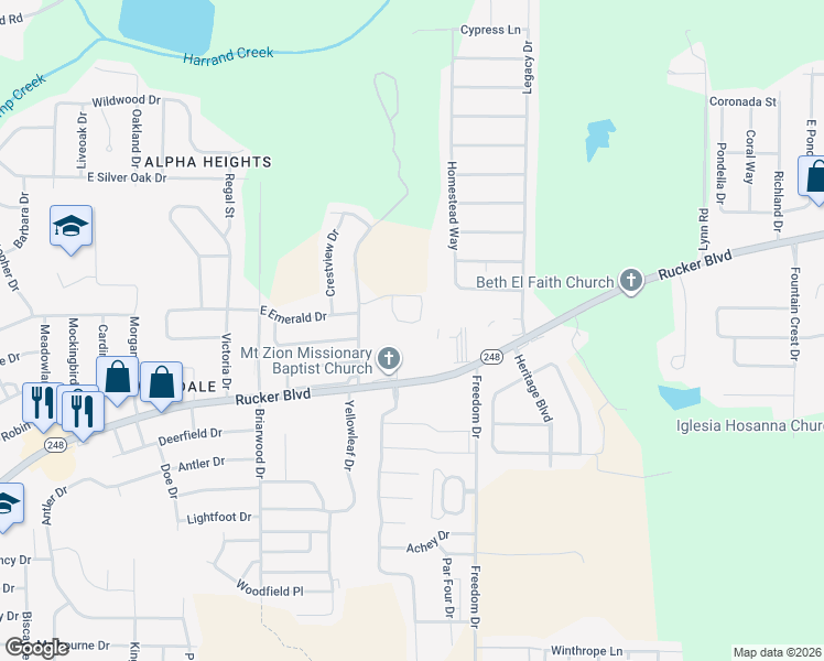 map of restaurants, bars, coffee shops, grocery stores, and more near 136 Woodmere in Enterprise