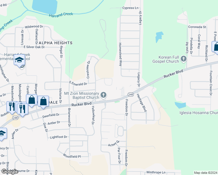map of restaurants, bars, coffee shops, grocery stores, and more near 134 Woodmere Drive in Enterprise