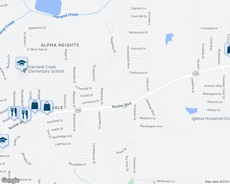 map of restaurants, bars, coffee shops, grocery stores, and more near 128 Woodmere in Enterprise