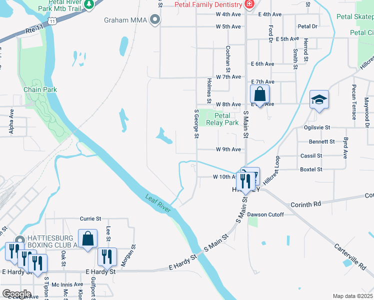 map of restaurants, bars, coffee shops, grocery stores, and more near 201 West 9th Avenue in Petal
