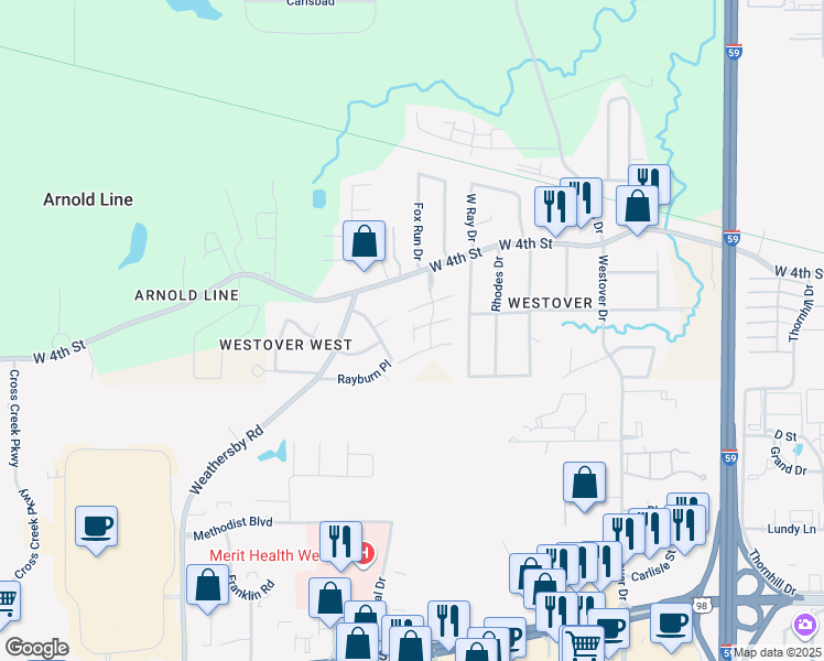 map of restaurants, bars, coffee shops, grocery stores, and more near 302 Whitehaven Street in Hattiesburg