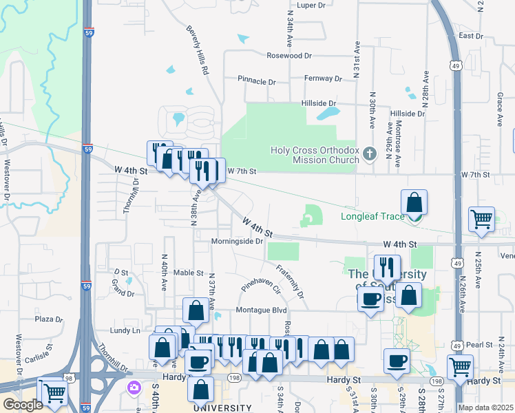 map of restaurants, bars, coffee shops, grocery stores, and more near 105 Virginia Drive in Hattiesburg