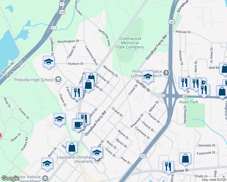 map of restaurants, bars, coffee shops, grocery stores, and more near 1710 Oakland Street in Pineville
